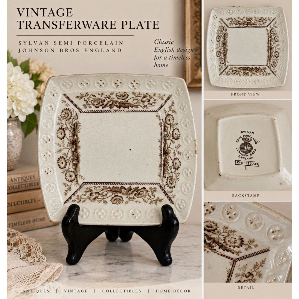 Johnson Bros Sylvan Square Plate Semi Porcelain Transferware White Brown